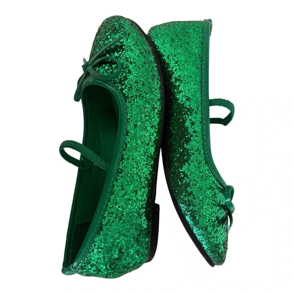 Rubies Costume Green Glitter Mary Jane Flats Girls Bow Dress Shoes 8.25 Inch
